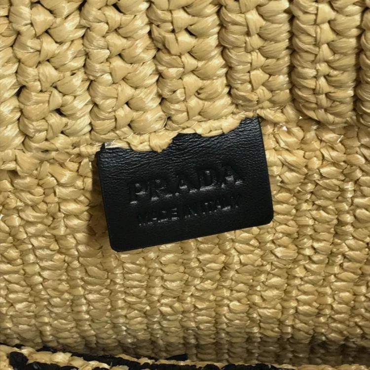 Pre Owned Prada Basket Bag Straw Crochet Triangle Logo Small Lettering Tote Handbag Raffia Natural Beige