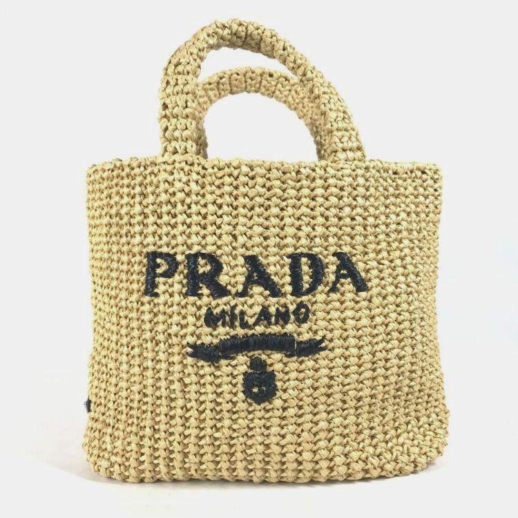 Pre Owned Prada Basket Bag Straw Crochet Triangle Logo Small Lettering Tote Handbag Raffia Natural Beige