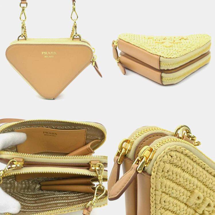 Pre Owned Prada Shoulder Bag Crochet Mini Pouch Leather Viscose Beige