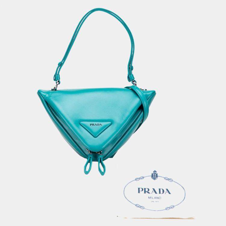 Pre Owned Prada Triangle Handbag/Shoulder Bag Blue-Green Padded Nappa Leather
