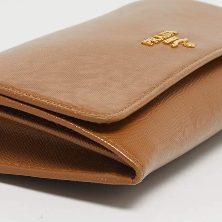 Pre Owned Prada Brown Saffiano Metal Leather Wallet On Chain
