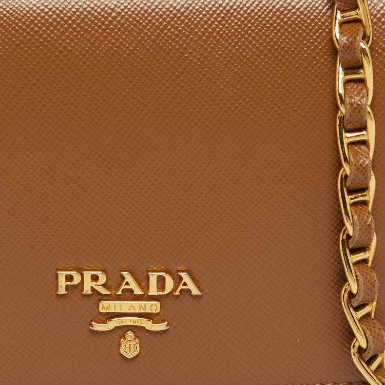 Pre Owned Prada Brown Saffiano Metal Leather Wallet On Chain