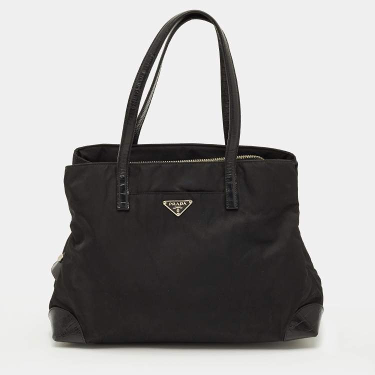 Pre Owned Prada Triple Compartment Black Nylon and Crocodile Tote