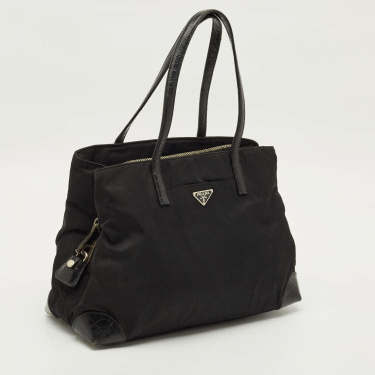 Pre Owned Prada Triple Compartment Black Nylon and Crocodile Tote