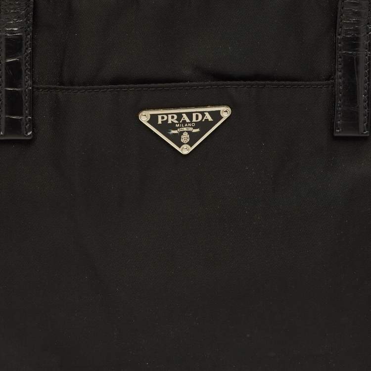 Pre Owned Prada Triple Compartment Black Nylon and Crocodile Tote