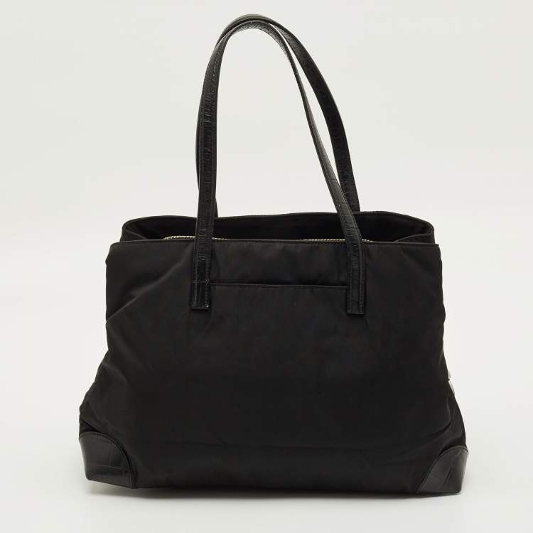 Pre Owned Prada Triple Compartment Black Nylon and Crocodile Tote