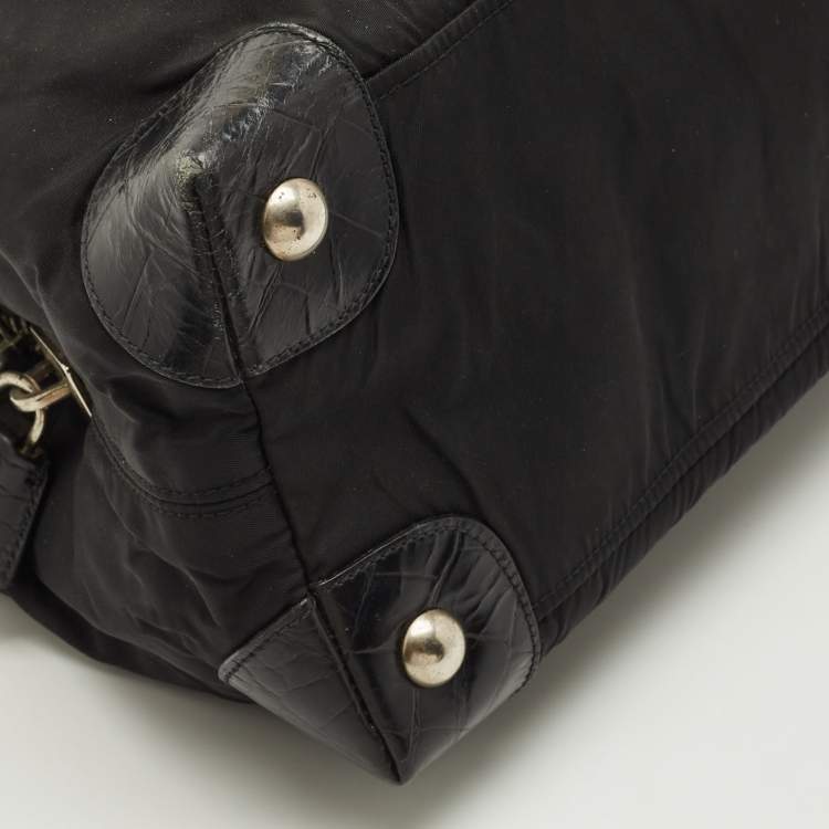 Pre Owned Prada Triple Compartment Black Nylon and Crocodile Tote