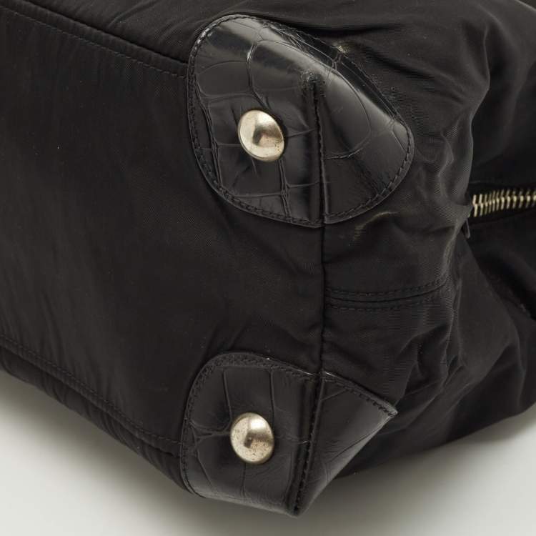 Pre Owned Prada Triple Compartment Black Nylon and Crocodile Tote