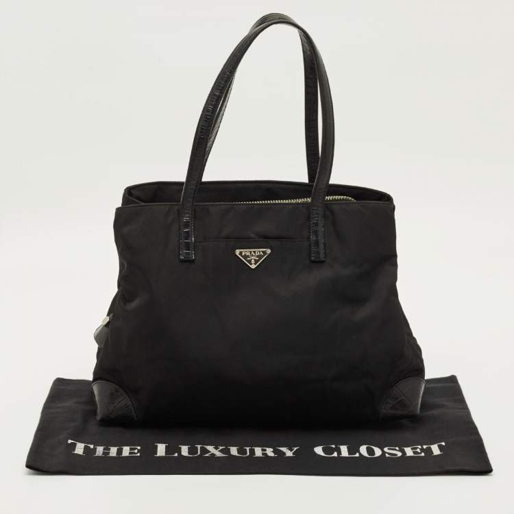 Pre Owned Prada Triple Compartment Black Nylon and Crocodile Tote