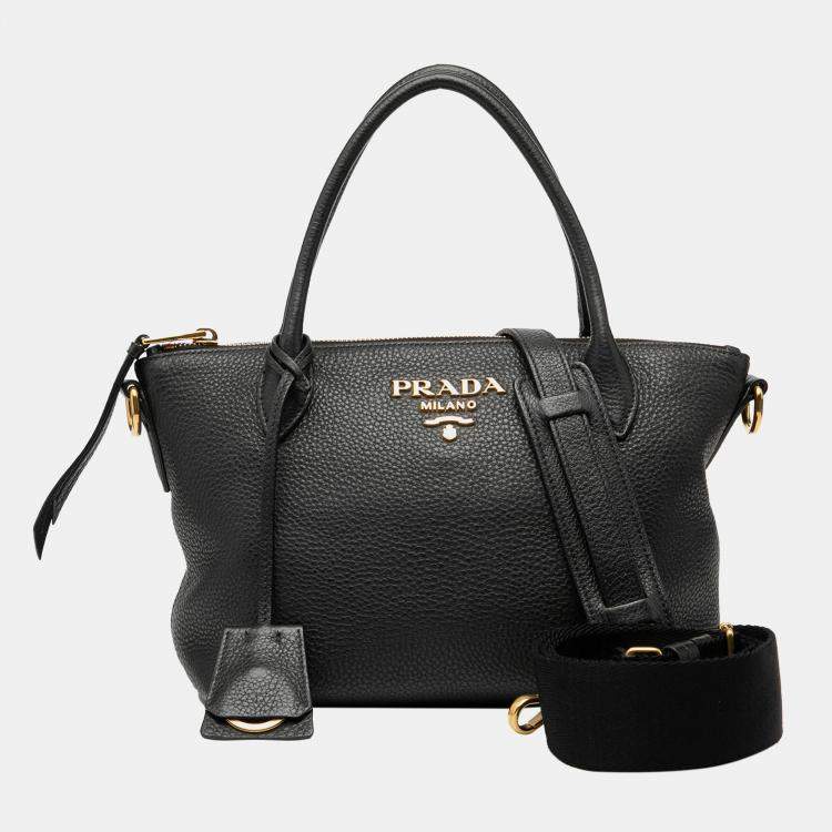 Pre Owned Prada Black Vitello Daino Zip Top Satchel