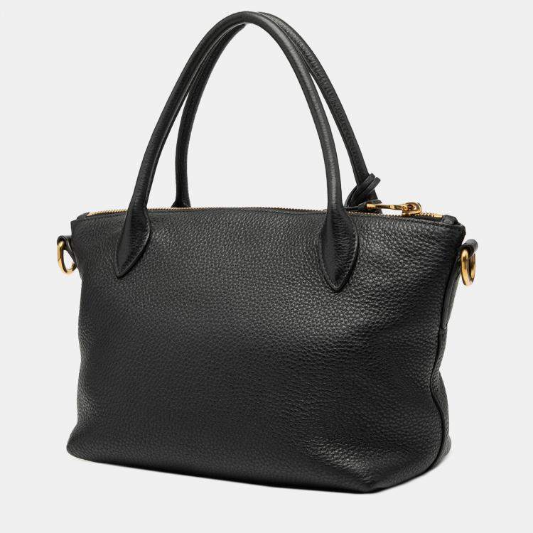 Pre Owned Prada Black Vitello Daino Zip Top Satchel