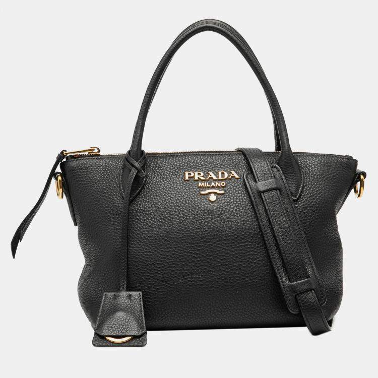 Pre Owned Prada Black Vitello Daino Zip Top Satchel