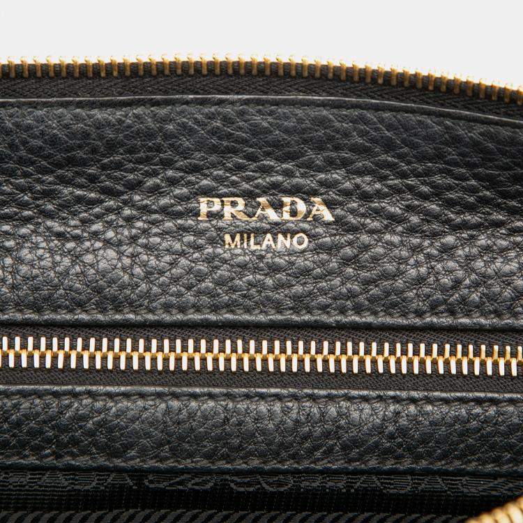 Pre Owned Prada Black Vitello Daino Zip Top Satchel