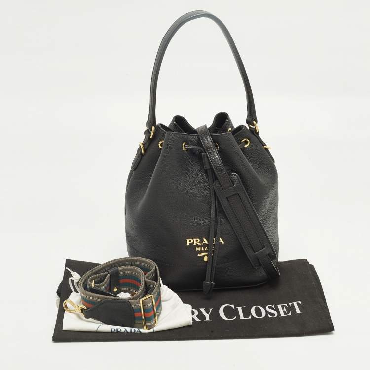 Pre Owned Prada Black Leather Drawstring Bucket Bag