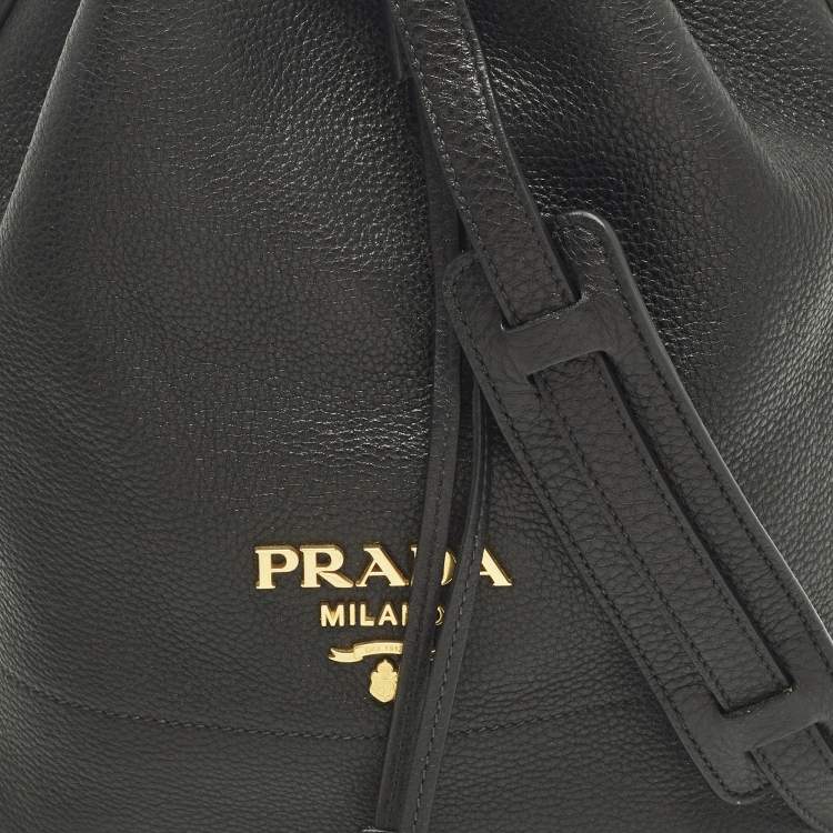 Pre Owned Prada Black Leather Drawstring Bucket Bag
