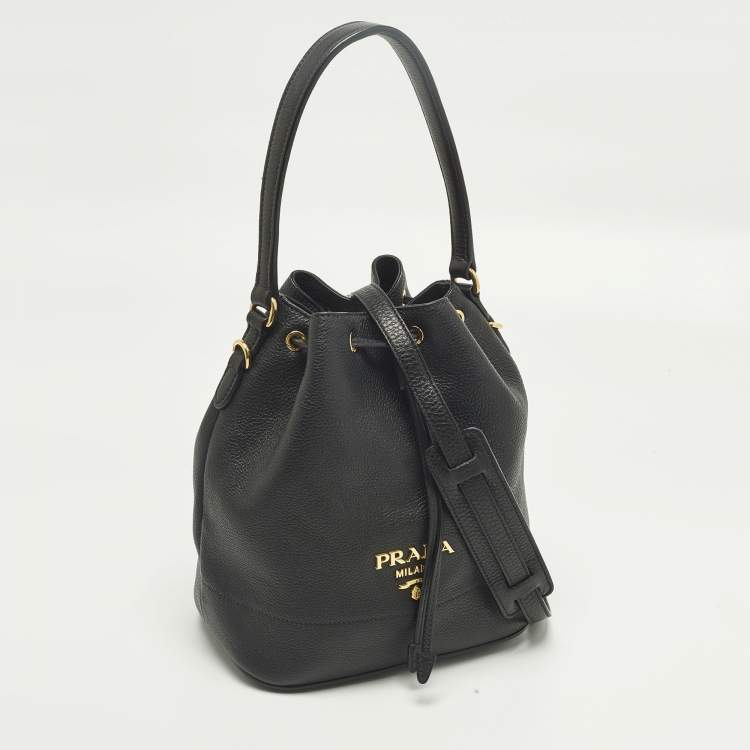 Pre Owned Prada Black Leather Drawstring Bucket Bag