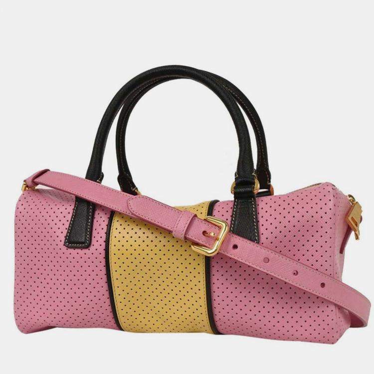 Pre Owned Prada Pink Yellow Perforated Handbag