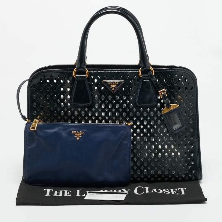 Pre Owned Prada Navy Blue Perforated Saffiano Vernic Leather Satchel
