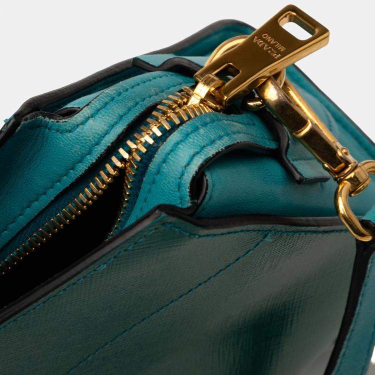 Pre Owned Prada Blue Green Bicolor Saffiano Vernice Esplanade Crossbody