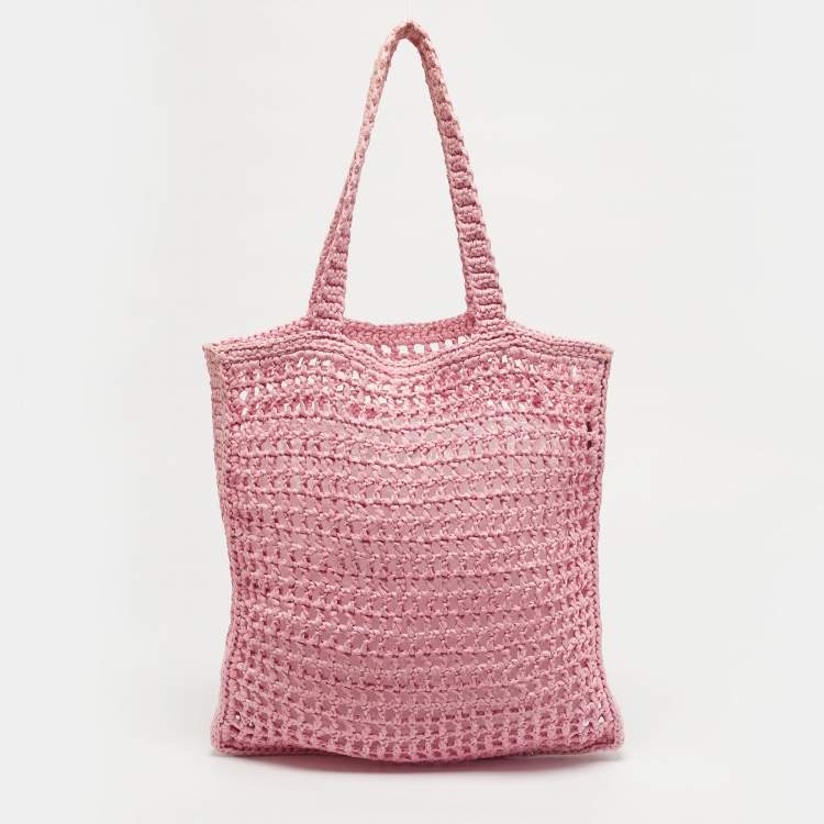Pre Owned Prada Pink Crochet Straw Vertical Tote