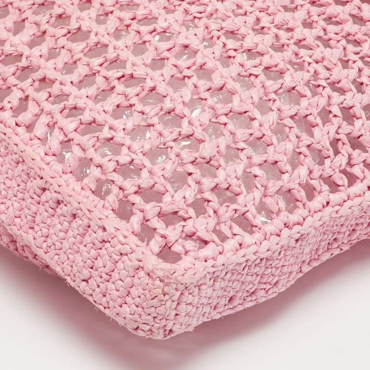 Pre Owned Prada Pink Crochet Straw Vertical Tote