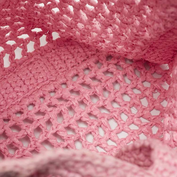Pre Owned Prada Pink Crochet Straw Vertical Tote
