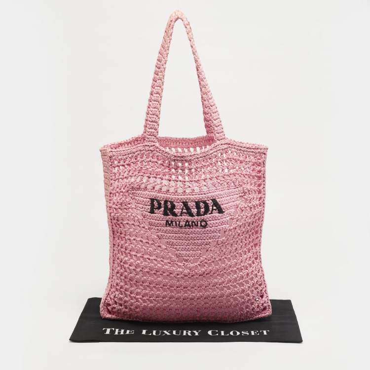 Pre Owned Prada Pink Crochet Straw Vertical Tote