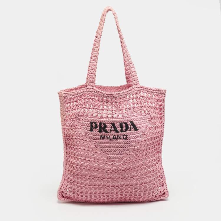 Pre Owned Prada Pink Crochet Straw Vertical Tote