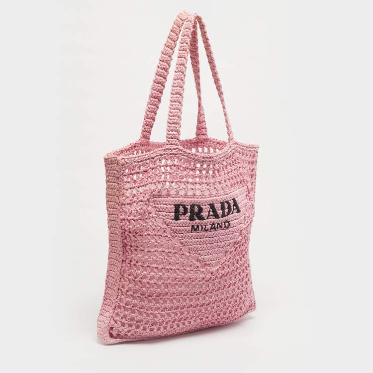 Pre Owned Prada Pink Crochet Straw Vertical Tote