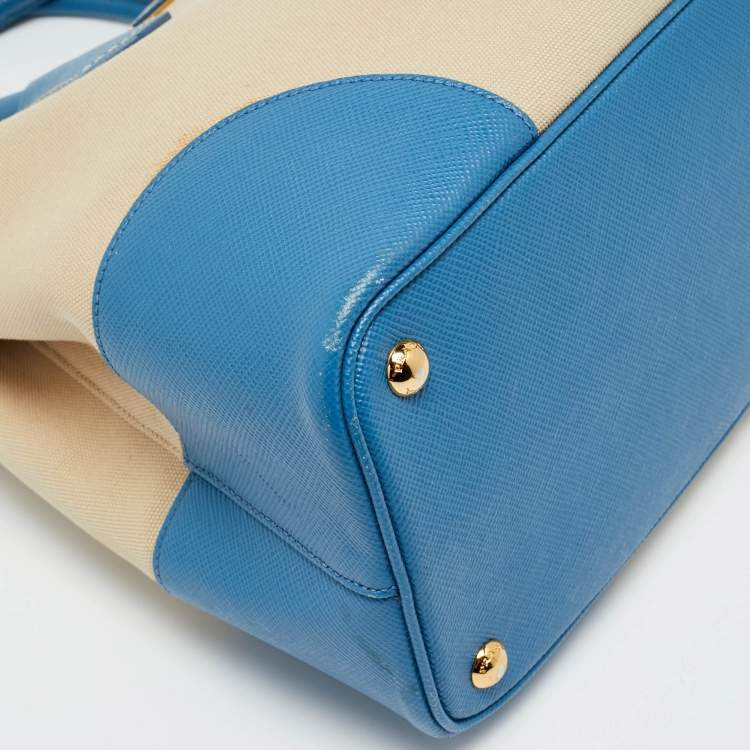 مملوكة مسبقًا Prada Blue/Beige Canapa Canvas and Saffiano Lux Leather Tote