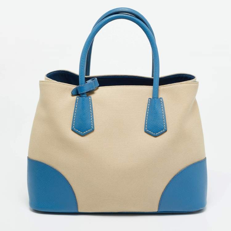 مملوكة مسبقًا Prada Blue/Beige Canapa Canvas and Saffiano Lux Leather Tote