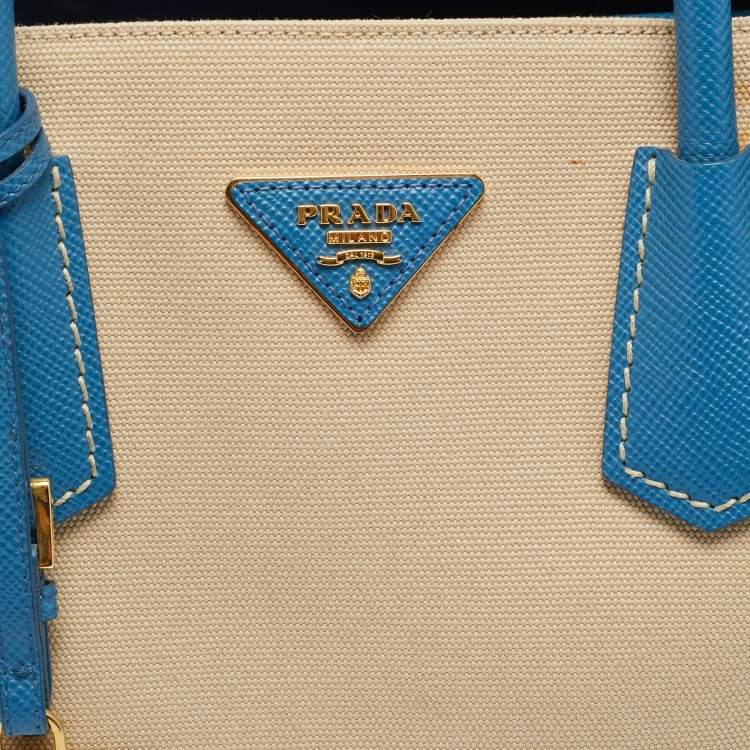 مملوكة مسبقًا Prada Blue/Beige Canapa Canvas and Saffiano Lux Leather Tote