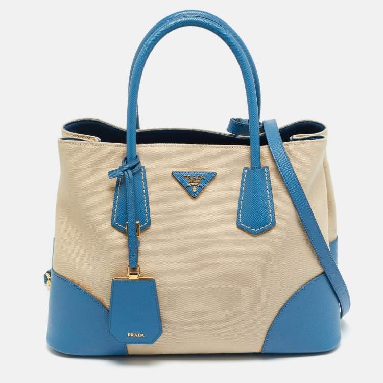 مملوكة مسبقًا Prada Blue/Beige Canapa Canvas and Saffiano Lux Leather Tote