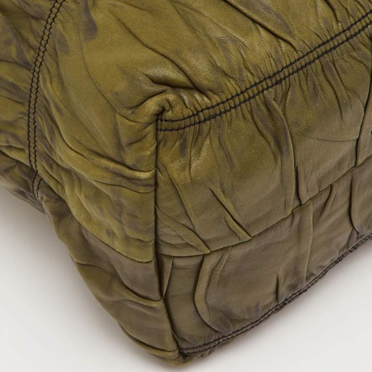 Pre Owned Prada Olive Green/Black Leather Gaufre Antic Tote
