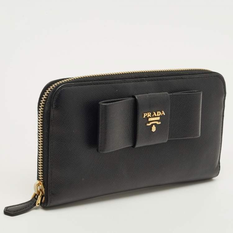 Pre Owned Prada Bow Black Saffiano Metal Leather Zip Continental Wallet