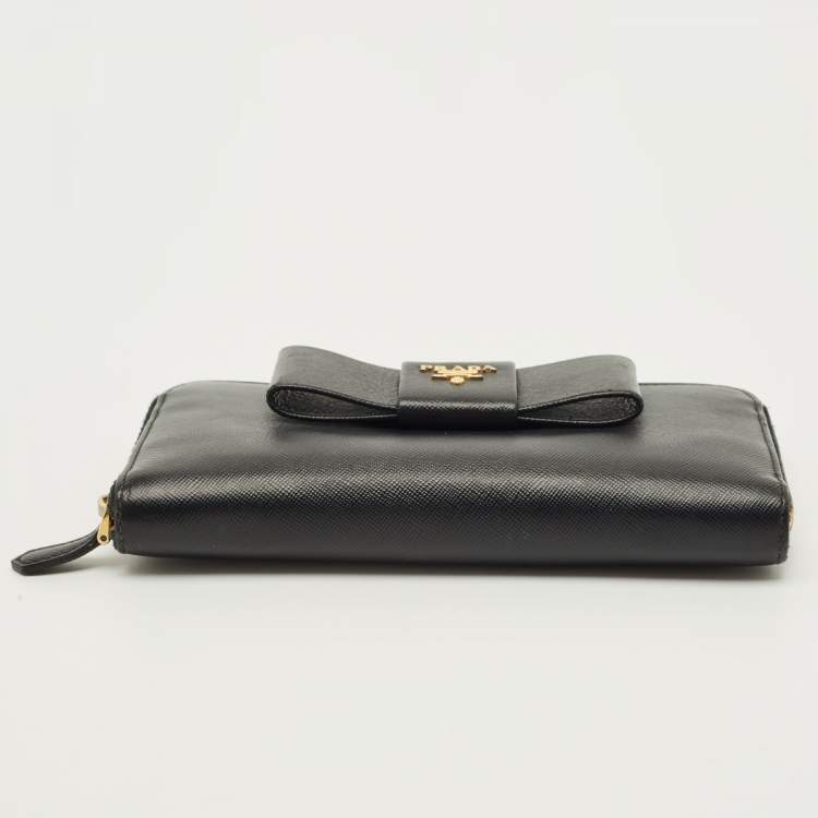 Pre Owned Prada Bow Black Saffiano Metal Leather Zip Continental Wallet