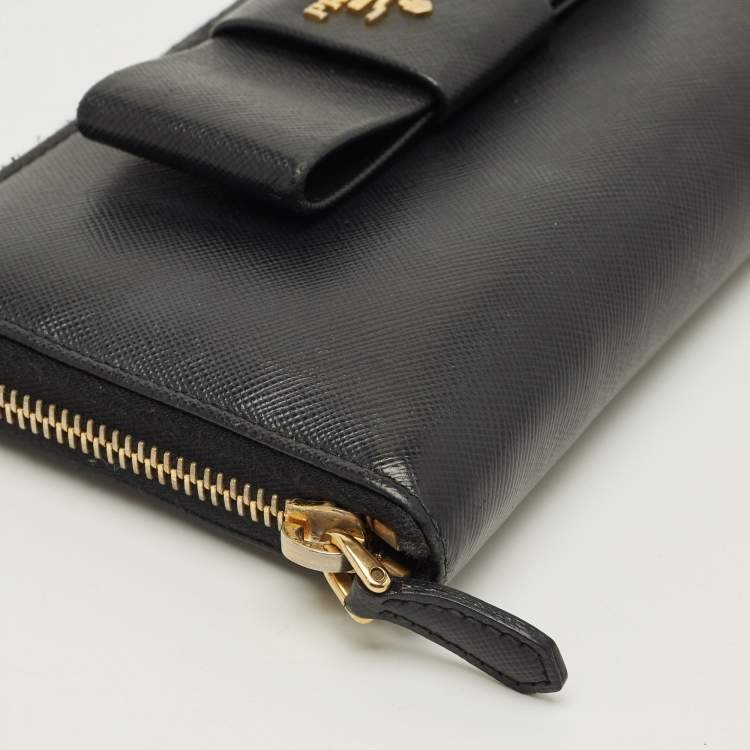 Pre Owned Prada Bow Black Saffiano Metal Leather Zip Continental Wallet