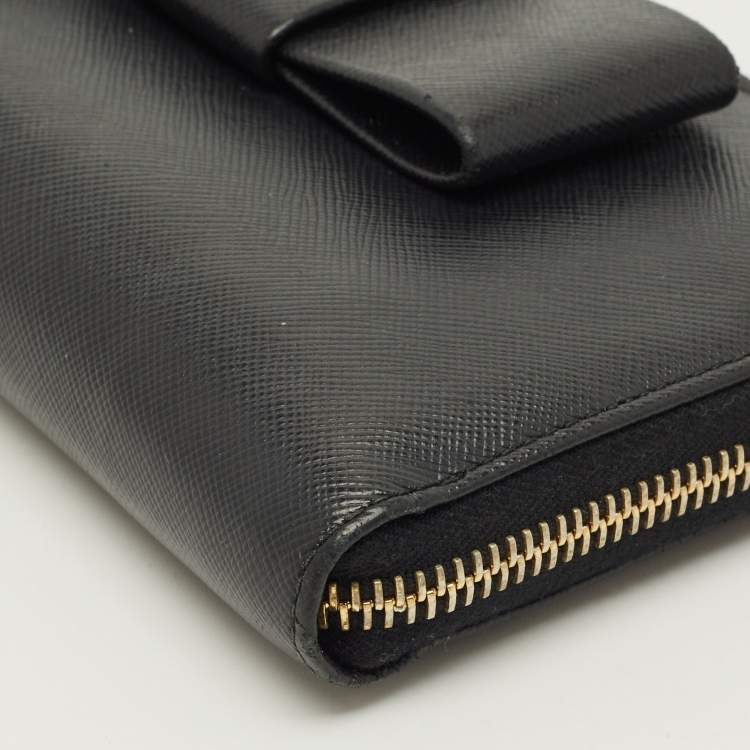 Pre Owned Prada Bow Black Saffiano Metal Leather Zip Continental Wallet