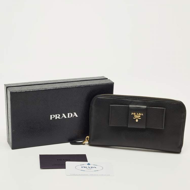 Pre Owned Prada Bow Black Saffiano Metal Leather Zip Continental Wallet