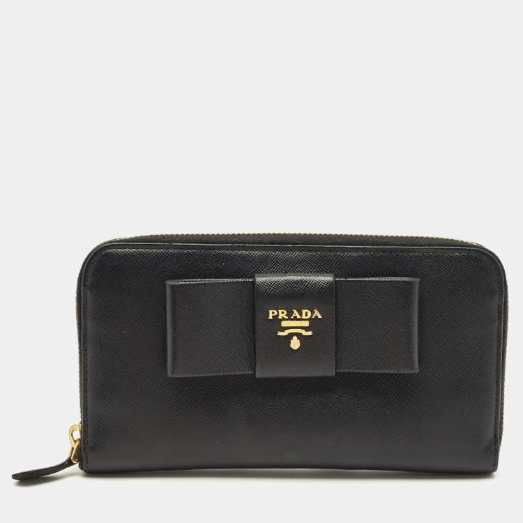 Pre Owned Prada Bow Black Saffiano Metal Leather Zip Continental Wallet