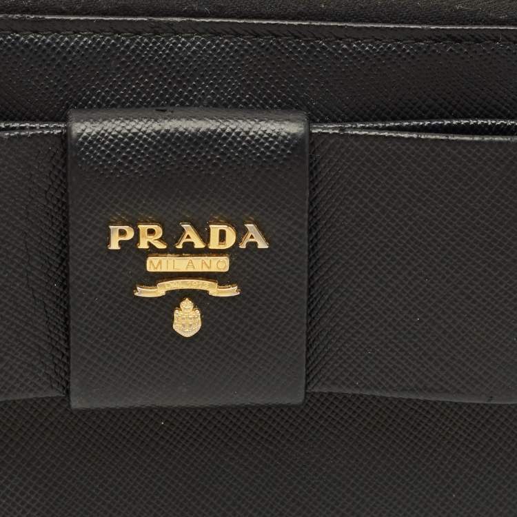 Pre Owned Prada Bow Black Saffiano Metal Leather Zip Continental Wallet