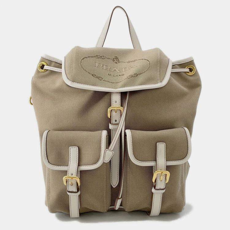 مملوكة مسبقًا Prada Logo Jacquard Backpack Beige Canvas