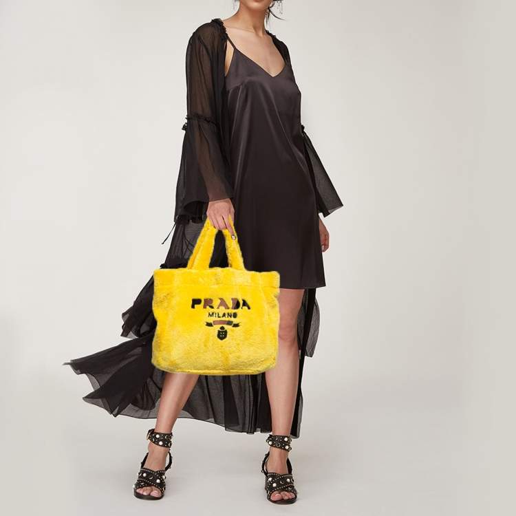 Pre Owned Prada Logo Yellow/Black Terry Cloth Tote