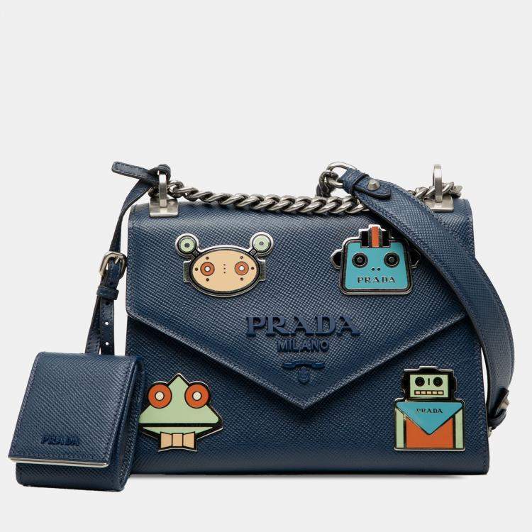 Pre Owned Prada Blue Saffiano Cuir Monochrome Robot Patches Envelope Chain Flap