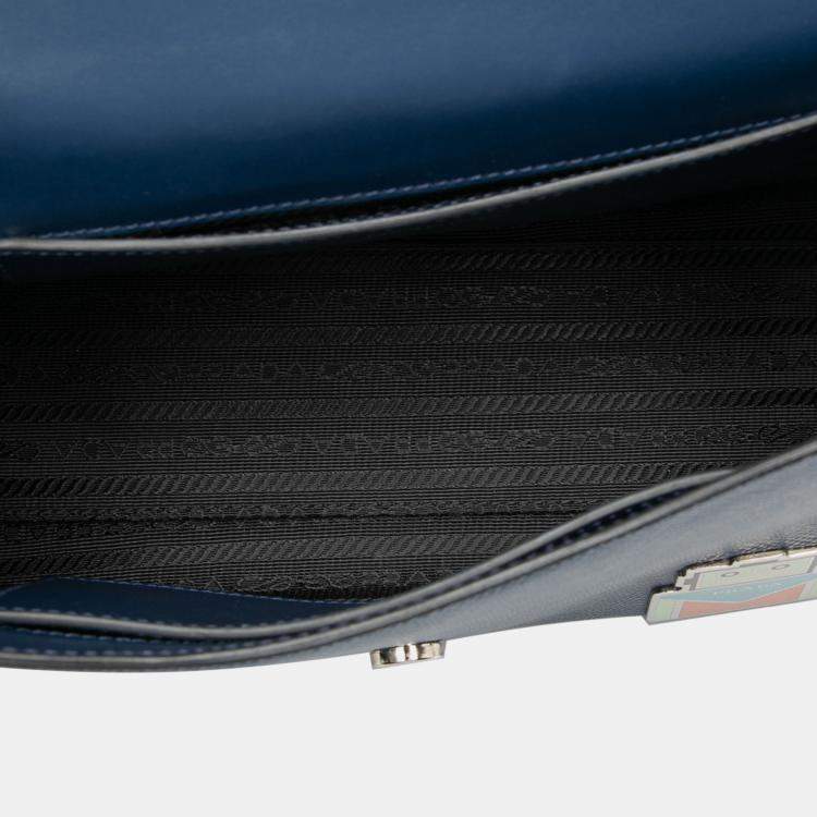 Pre Owned Prada Blue Saffiano Cuir Monochrome Robot Patches Envelope Chain Flap