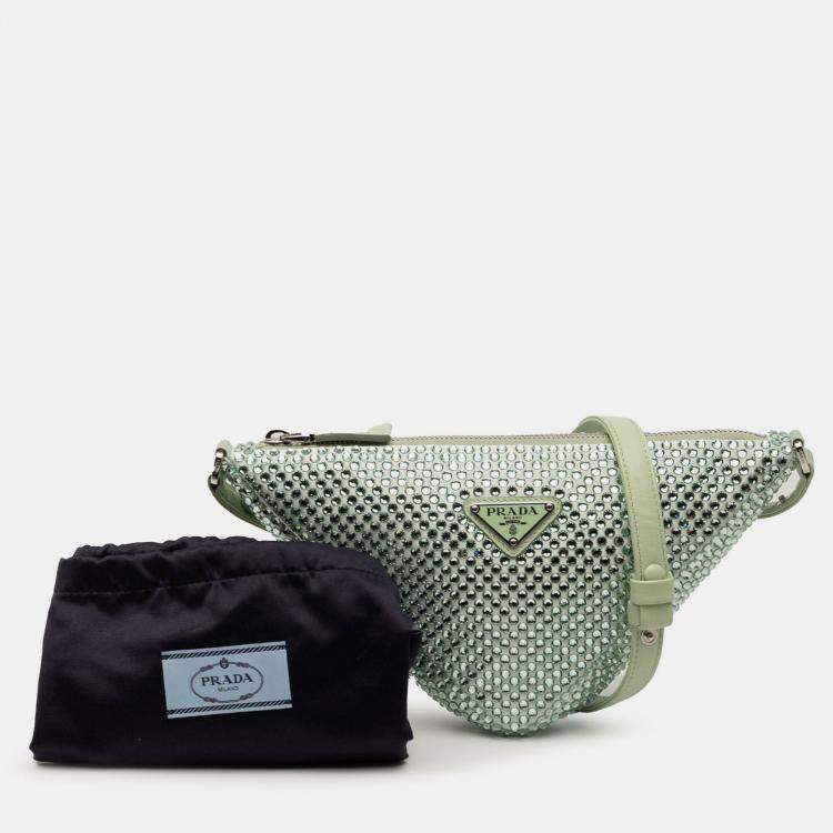 Pre Owned Prada Green Satin Crystal Embellished Triangle Pouch