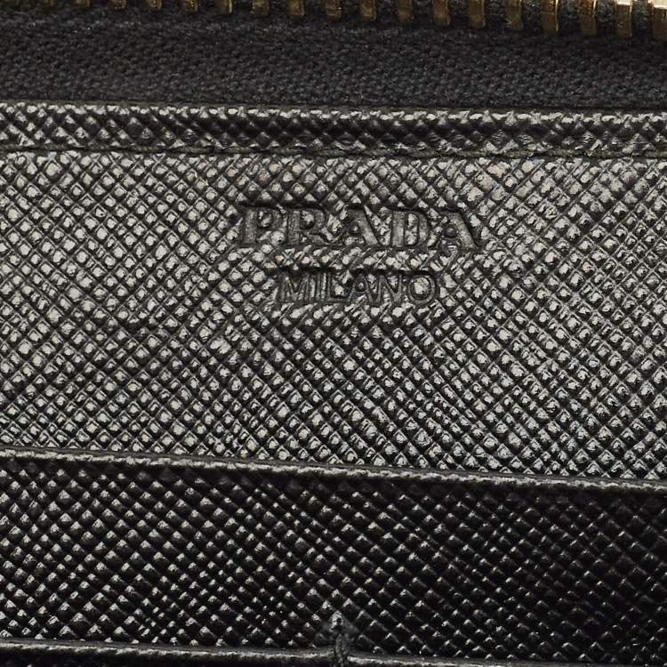 Pre Owned Prada Logo Black Saffiano Metal Leather Zip Around Wallet