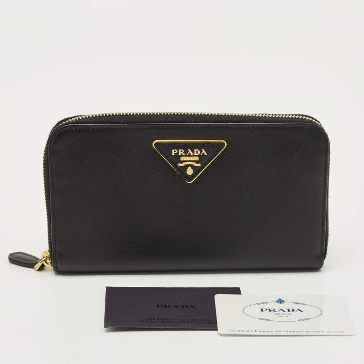 Pre Owned Prada Logo Black Saffiano Metal Leather Zip Around Wallet