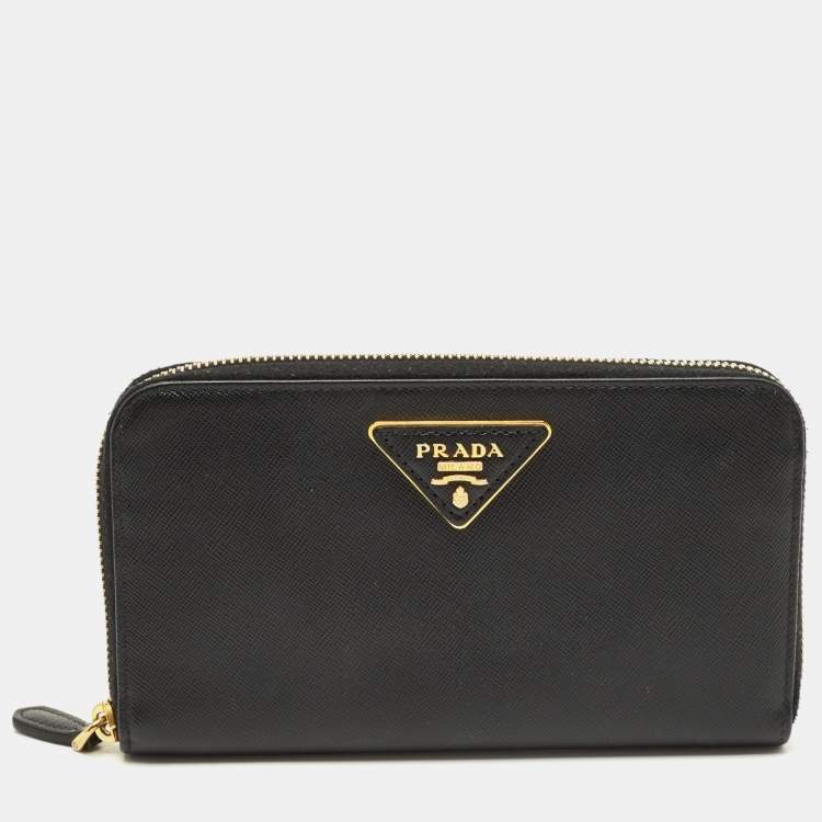 Pre Owned Prada Logo Black Saffiano Metal Leather Zip Around Wallet