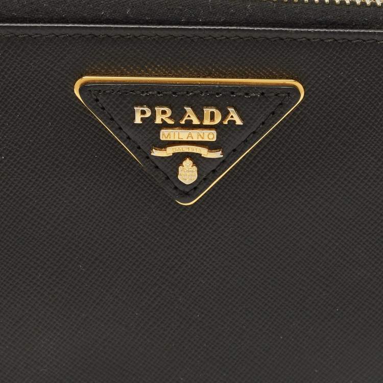 Pre Owned Prada Logo Black Saffiano Metal Leather Zip Around Wallet